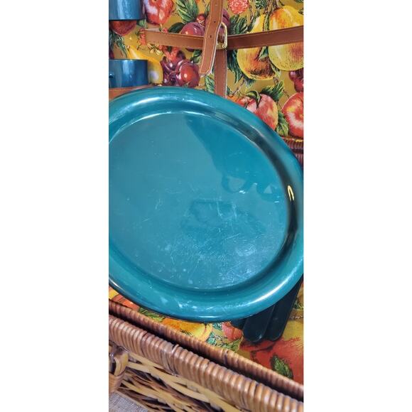 Woven Picnic Basket Floral Interior Hunter Green Plates/Cups For Four People - Picture 6 of 16